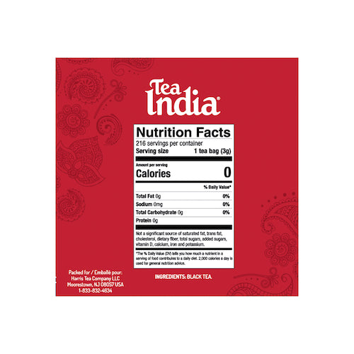 The nutrition facts panel on a Tea India box, showing that a single tea bag (3g) has 0 calories and is made of black tea.