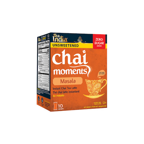 Tea India Chai Moments Masala box with 10 unsweetened instant chai latte sachets and zero sugar