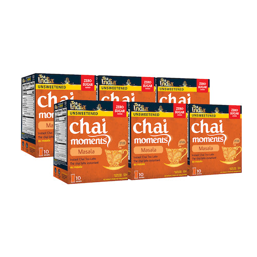 Six boxes of Tea India Chai Moments Masala Unsweetened instant chai latte with zero sugar, displayed together