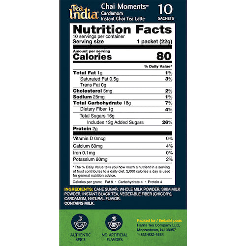 Nutrition facts and ingredient list for Tea India cardamom chai moments latte, showing calories, sugars, and main ingredients.