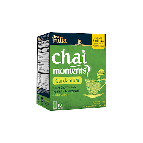 Box of Tea India cardamom chai moments instant latte with 10 sachets, made with real milk, black tea, and authentic spices.
