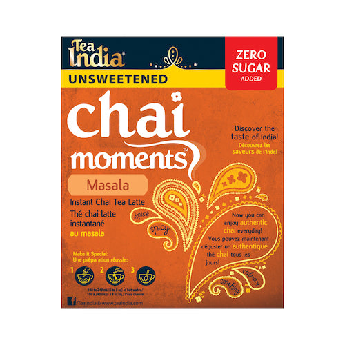 Front label of Tea India Chai Moments Masala Unsweetened with zero sugar and instructions for making instant chai latte