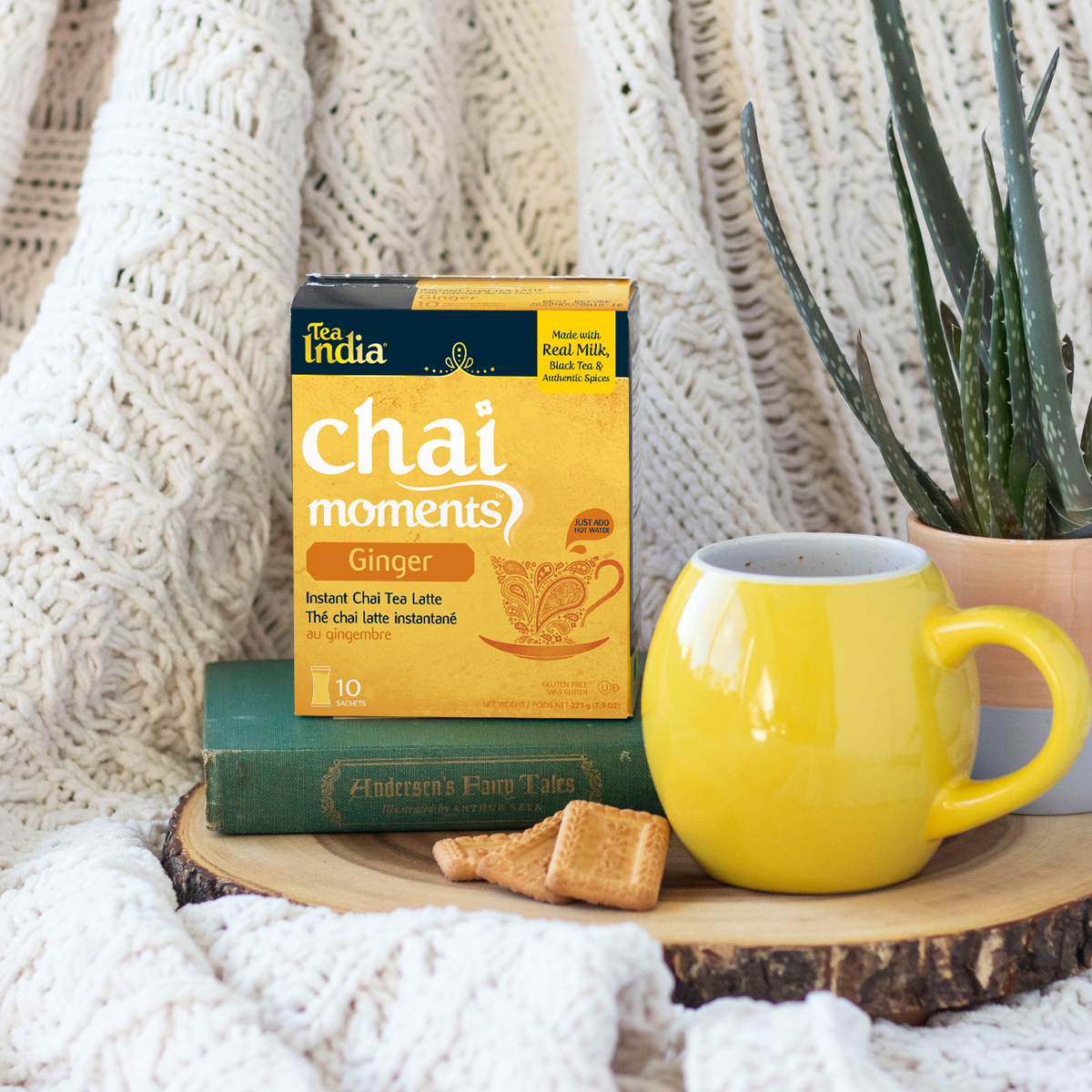 Box of Tea India ginger chai latte with yellow mug, biscuits, books, and plant on cozy textured blanket