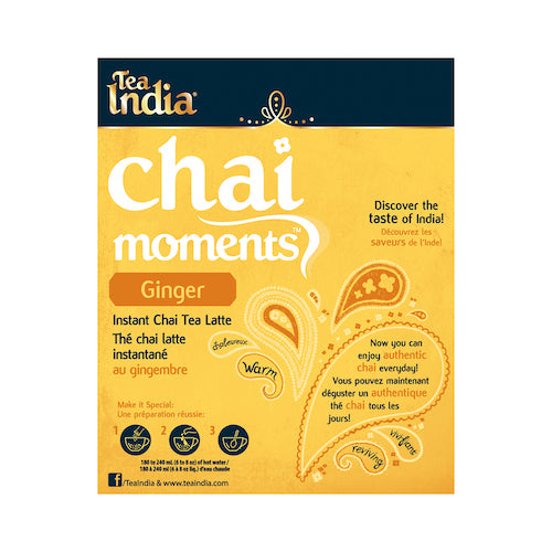 Front label of Tea India ginger chai moments instant tea latte box, with preparation steps and warm spice illustrations