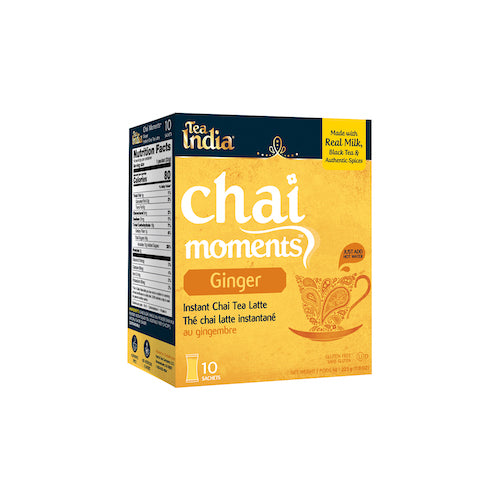 Box of Tea India ginger chai moments instant latte with 10 sachets, made with real milk, black tea, and authentic spices