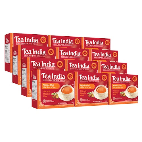 Ten boxes of Tea India Masala Chai black tea, each with 80 round tea bags and real spices