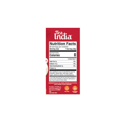Tea India Masala Chai nutrition label showing zero calories per tea bag and listed spice ingredients
