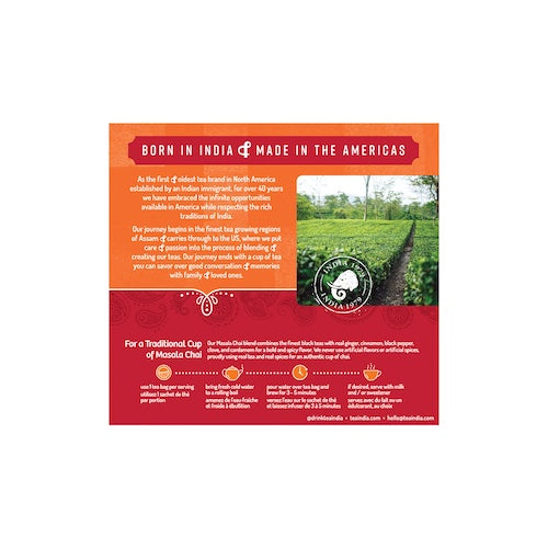 Back of Tea India Masala Chai box showing brand story and step by step brewing instructions