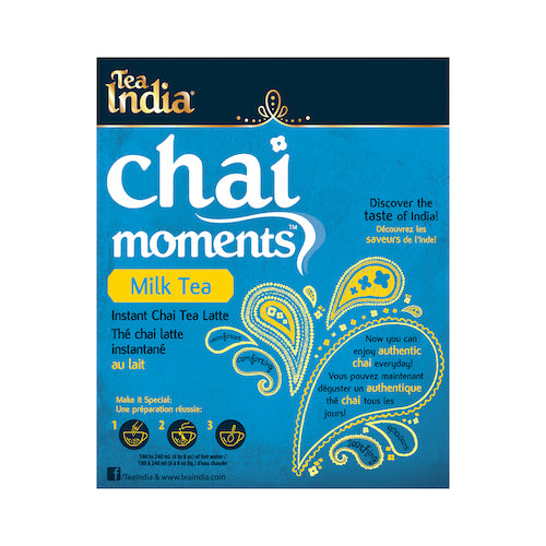 Front label of Tea India milk tea chai moments instant latte box with brewing instructions and decorative spice graphics