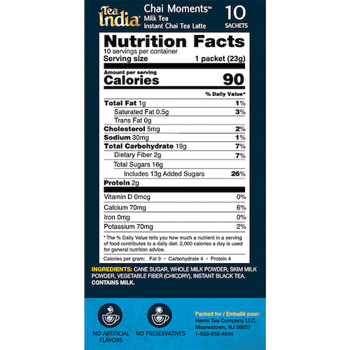 Nutrition facts and ingredient list for Tea India milk tea chai moments latte, showing calories, sugars, and main ingredients.