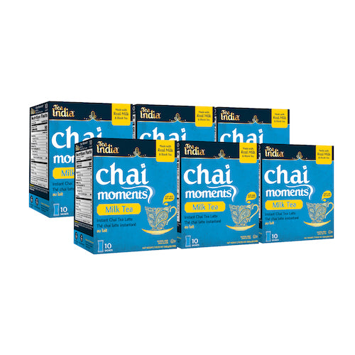 Five boxes of Tea India milk tea chai moments instant latte, each containing 10 sachets, displayed in a group format