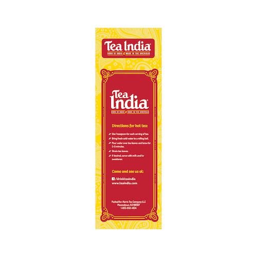Tea India Mamri Assam Black Tea brewing directions on yellow and red pack