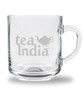 Clear glass mug with a handle, featuring the Tea India logo and a small teapot graphic on the side