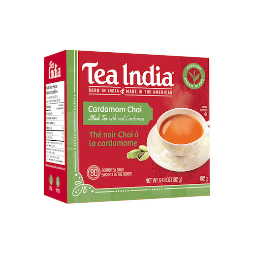 A red and green box of Tea India Cardamom Chai Black Tea with real cardamom, containing 80 round tea bags