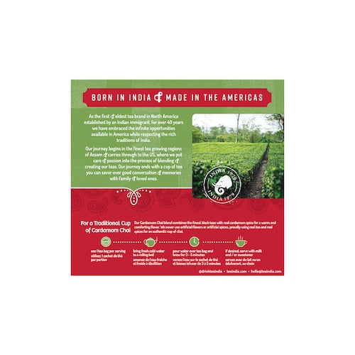 The back panel of Tea India Cardamom Chai box with brand story, brewing instructions and an image of a tea plantation