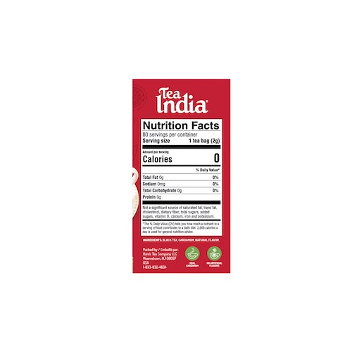 The nutrition facts panel for Tea India Cardamom Chai, showing zero calories and ingredients including black tea and cardamom