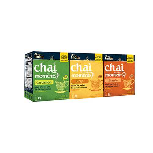 Three boxes of Tea India Chai Moments instant tea latte Cardamom, Ginger, and Masala flavors