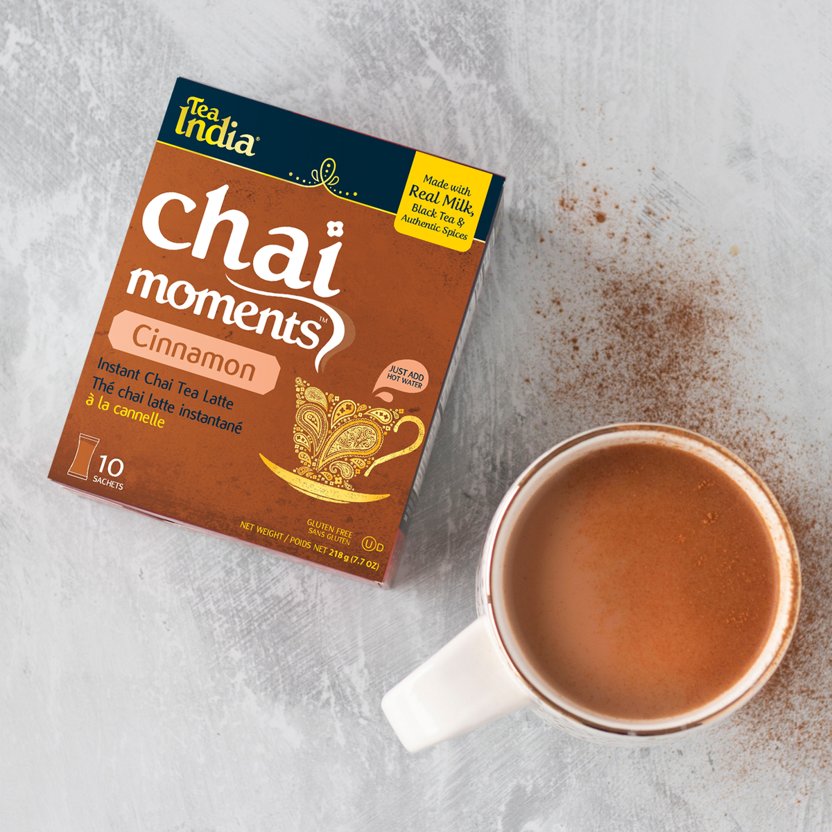 Box of Tea India Chai Moments Cinnamon instant chai tea latte showing 10 sachets