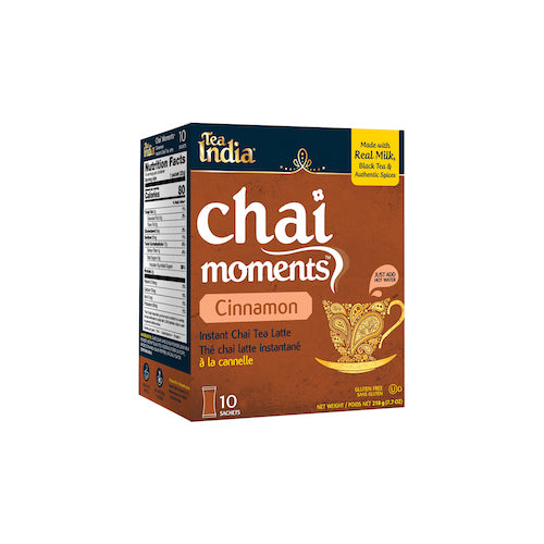 Box of Tea India Chai Moments Cinnamon instant chai tea latte, showing nutrition facts
