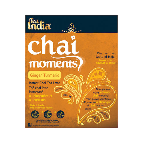 Front of the Tea India Chai Moments Ginger Turmeric instant chai tea latte box with brewing instructions on the bottom