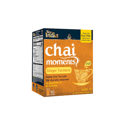 Box of Tea India Chai Moments Ginger Turmeric instant chai tea latte, showing 10 sachets and a nutrition facts panel