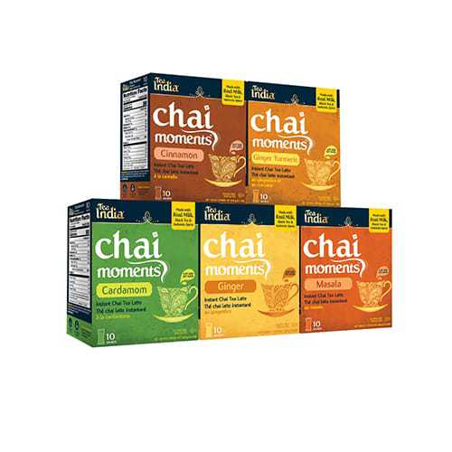 Five boxes of Tea India Chai Moments instant tea latte Cinnamon, Ginger Turmeric, Cardamom, Ginger, and Masala flavors