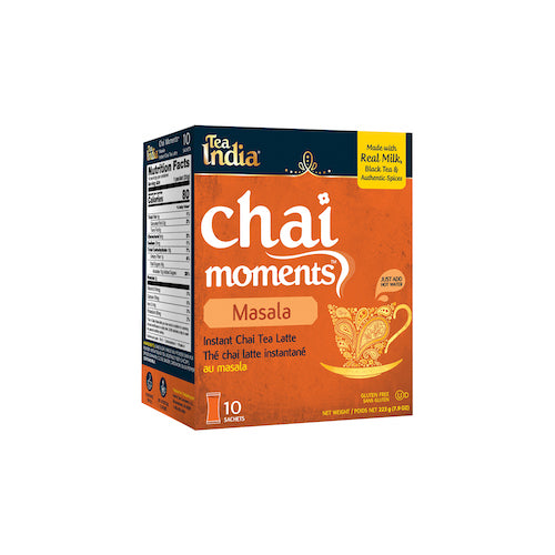 Box of Tea India Chai Moments Masala instant chai tea latte, showing 10 sachets and a nutrition facts panel