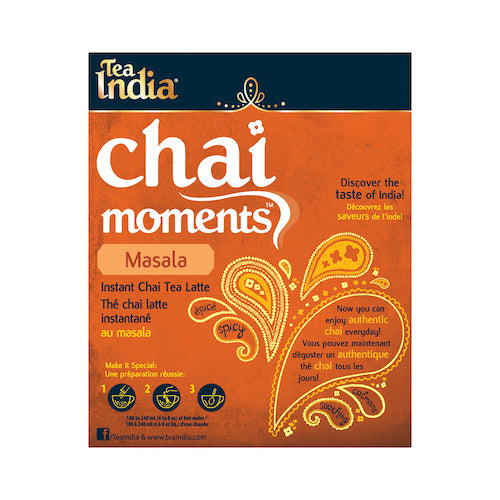 Front of the Tea India Chai Moments Masala instant chai tea latte box with brewing instructions and &quot;Discover the taste of India!&quot;
