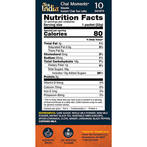 Nutrition facts label for Tea India Chai Moments Masala instant chai tea latte showing 80 calories per sachet