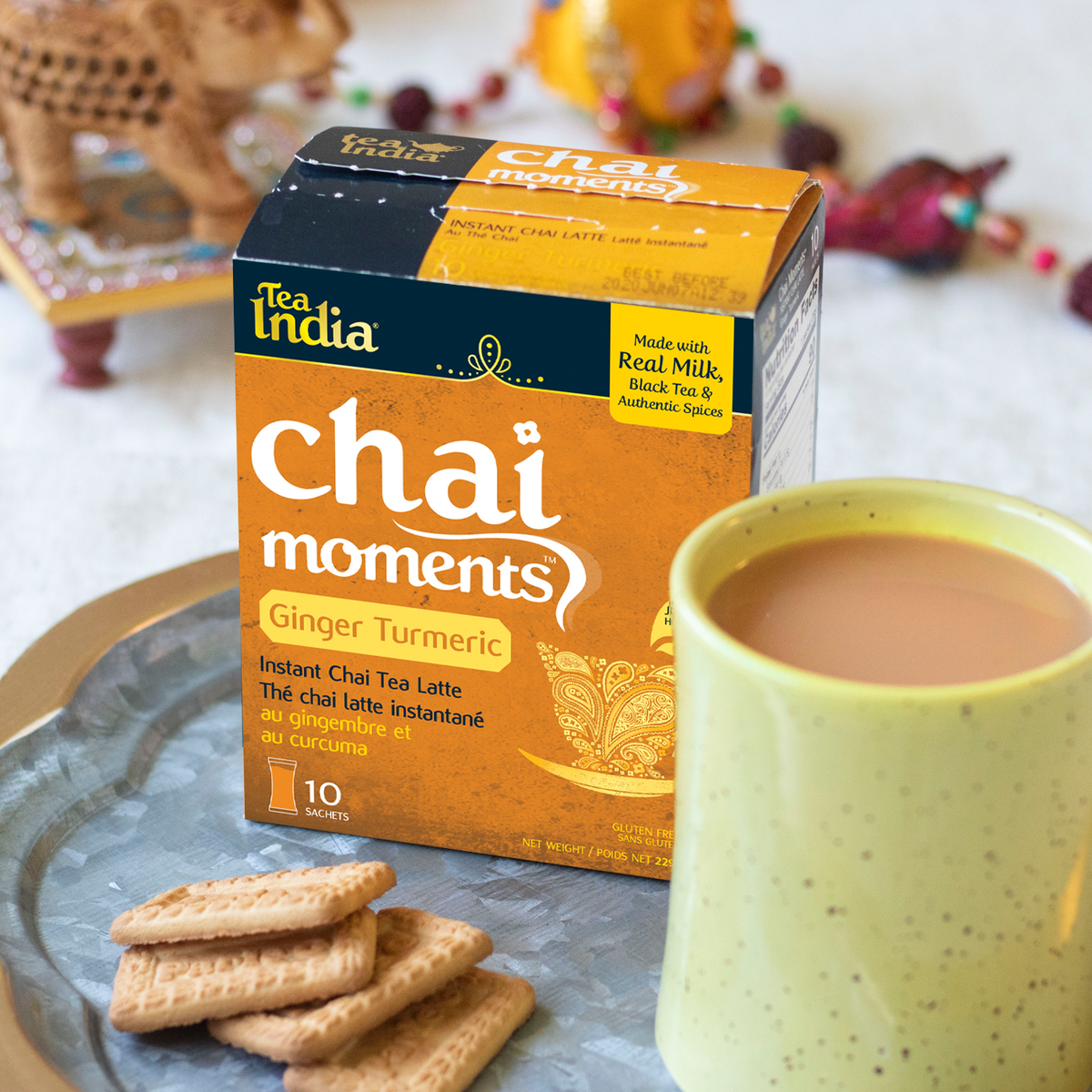 Nutrition facts label for Tea India Chai Moments unsweetened masala instant chai latte, with 40 calories per sachet