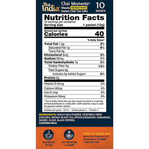 Nutrition facts label for Tea India Chai Moments unsweetened masala instant chai tea latte, showing 40 calories per sachet