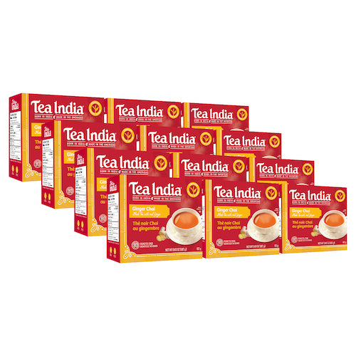 A bulk case of red and yellow boxes of Tea India Ginger Chai Black Tea with real ginger