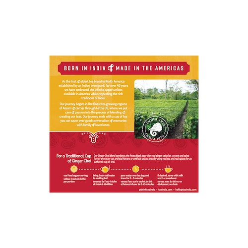 The back of a Tea India Ginger Chai box with brand story, brewing instructions, and an image of a tea plantation