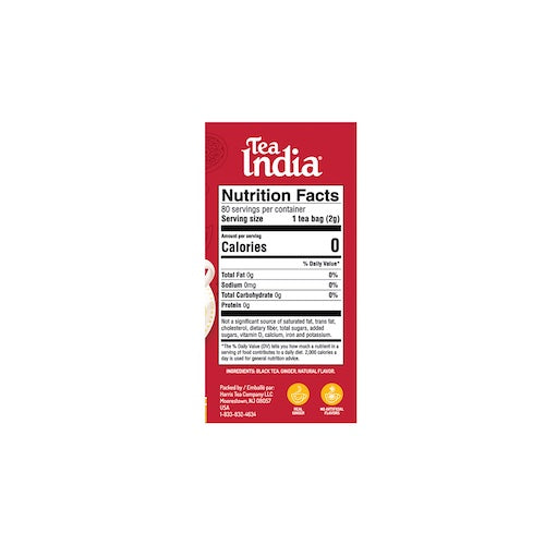 The nutrition facts panel for Tea India Ginger Chai, showing zero calories per serving and black tea and ginger ingredients