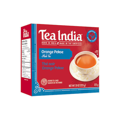 Tea India orange pekoe black tea box with 80 round tea bags.